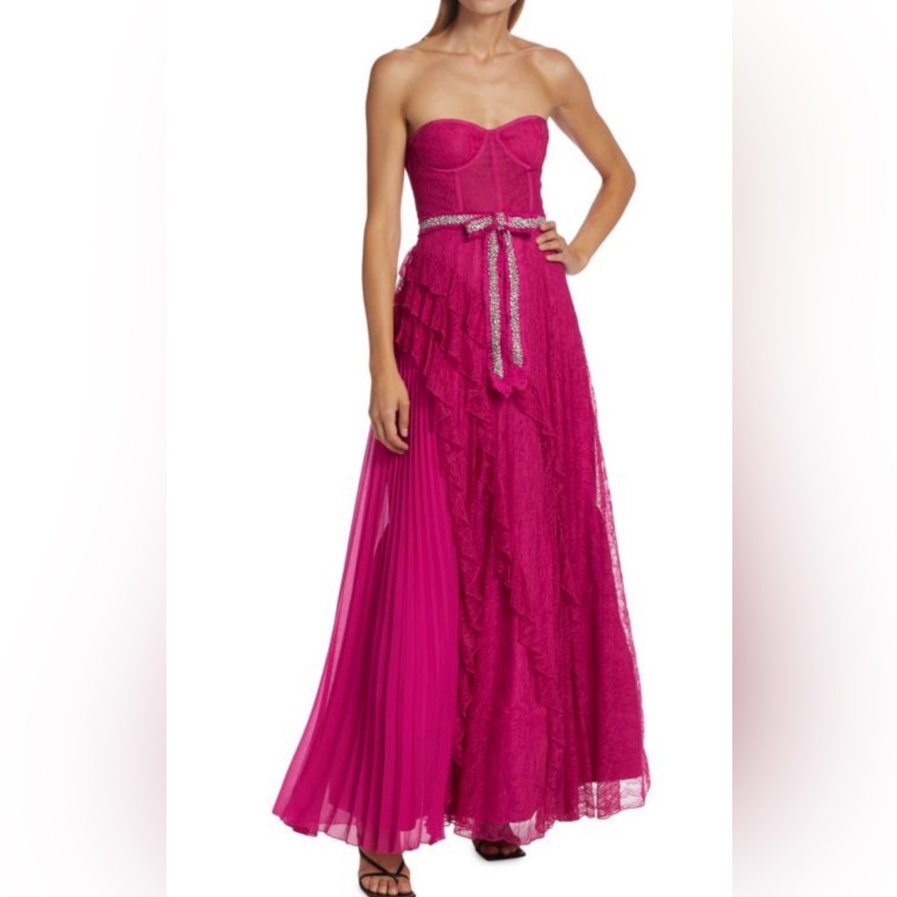 Alice + Olivia Strapless Fuchsia Ruffled Gown
